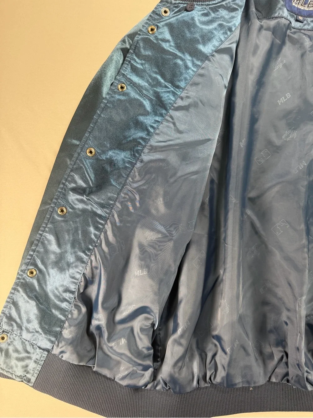 NWOT MLB NY Yankees Blue Satin Bomber Varsity Jacket Mens Medium Mint Cond